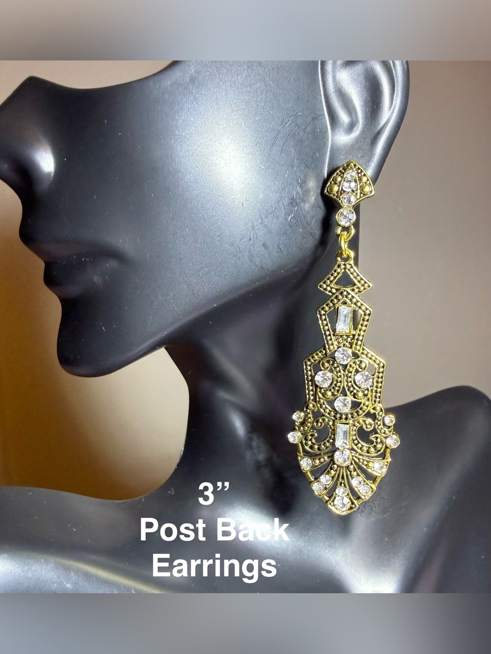 Gold-Tone Filigree Drop Earrings with Clear Crystals